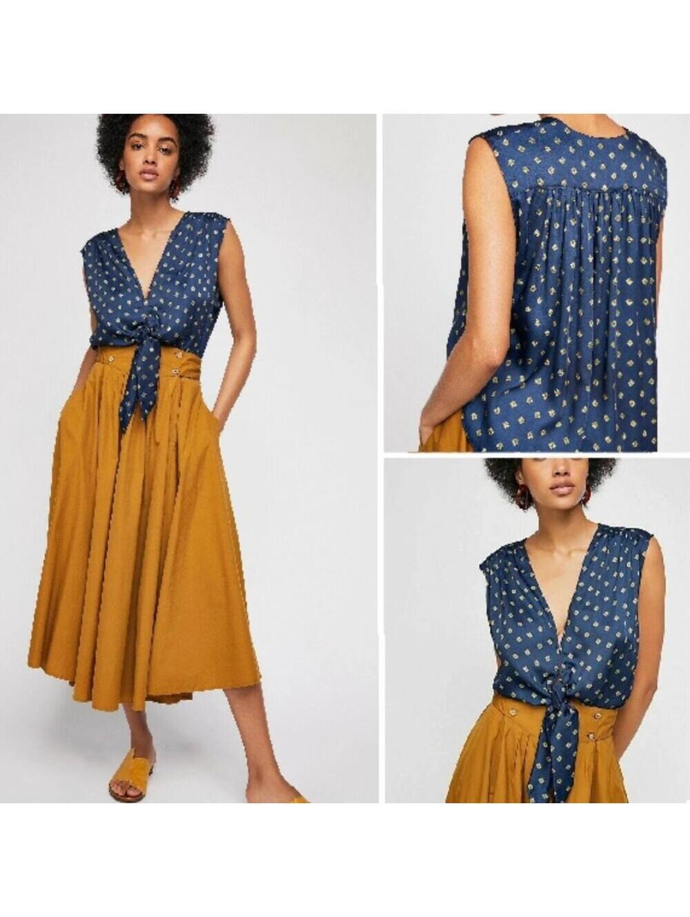 NWT Free People Tie Front Vest Top L Large Navy Blue Gold Medallion Blouse NEW